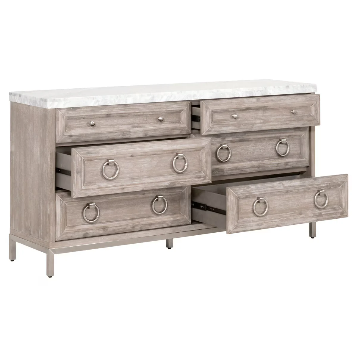 Essentials For Living Azure Carrera 6-Drawer Dresser ~ Natural Gray Acacia, White Carrera Marble With Brushed Stainless Steel Hardware - Image 4