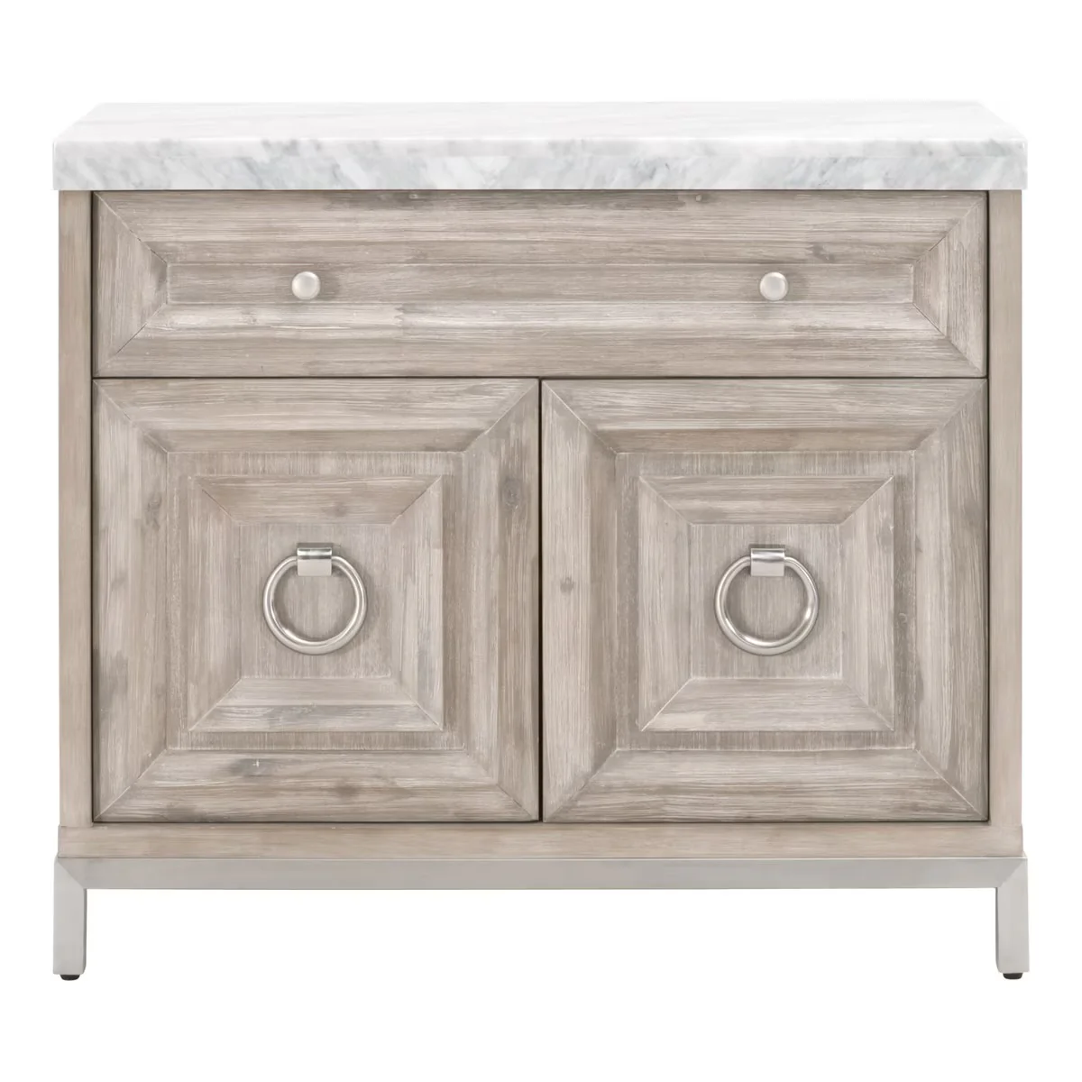 Essentials For Living Azure Media Chest ~ Natural Gray Acacia, White Carrera Marble With Brushed Stainless Steel Hardware