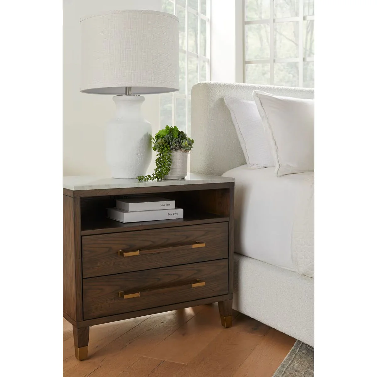Essentials For Living Cambria 2-Drawer Nightstand ~ Dutch Brown Oak and Bianco Marble, Aged Brass Hardware - Image 12