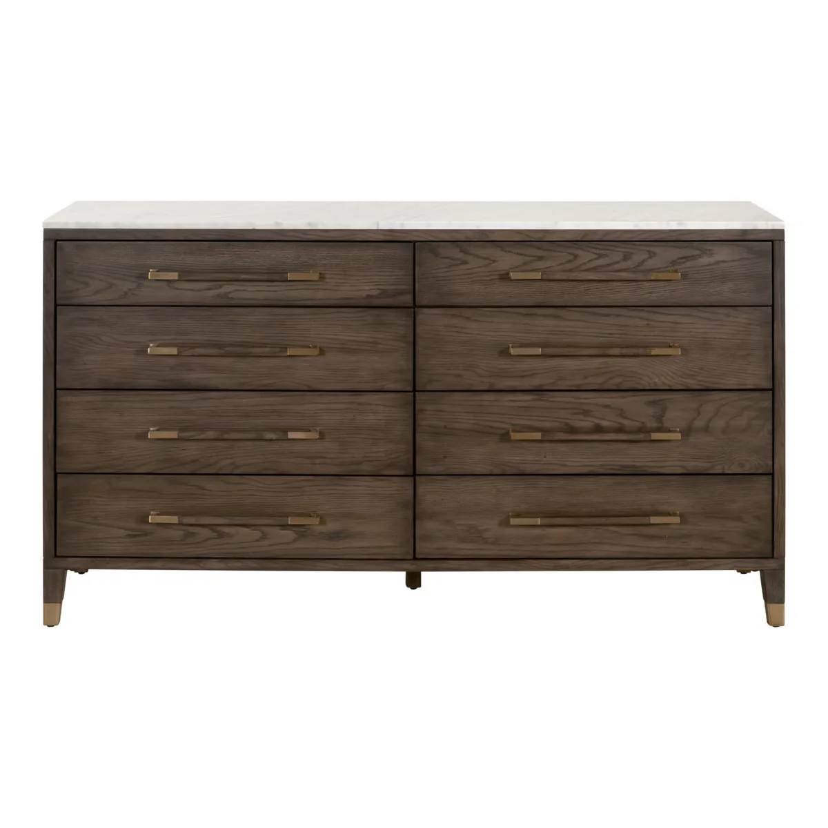 Essentials For Living Cambria 8-Drawer Double Dresser ~ Dutch Brown Oak, Bianco Marble With Aged Brass Hardware