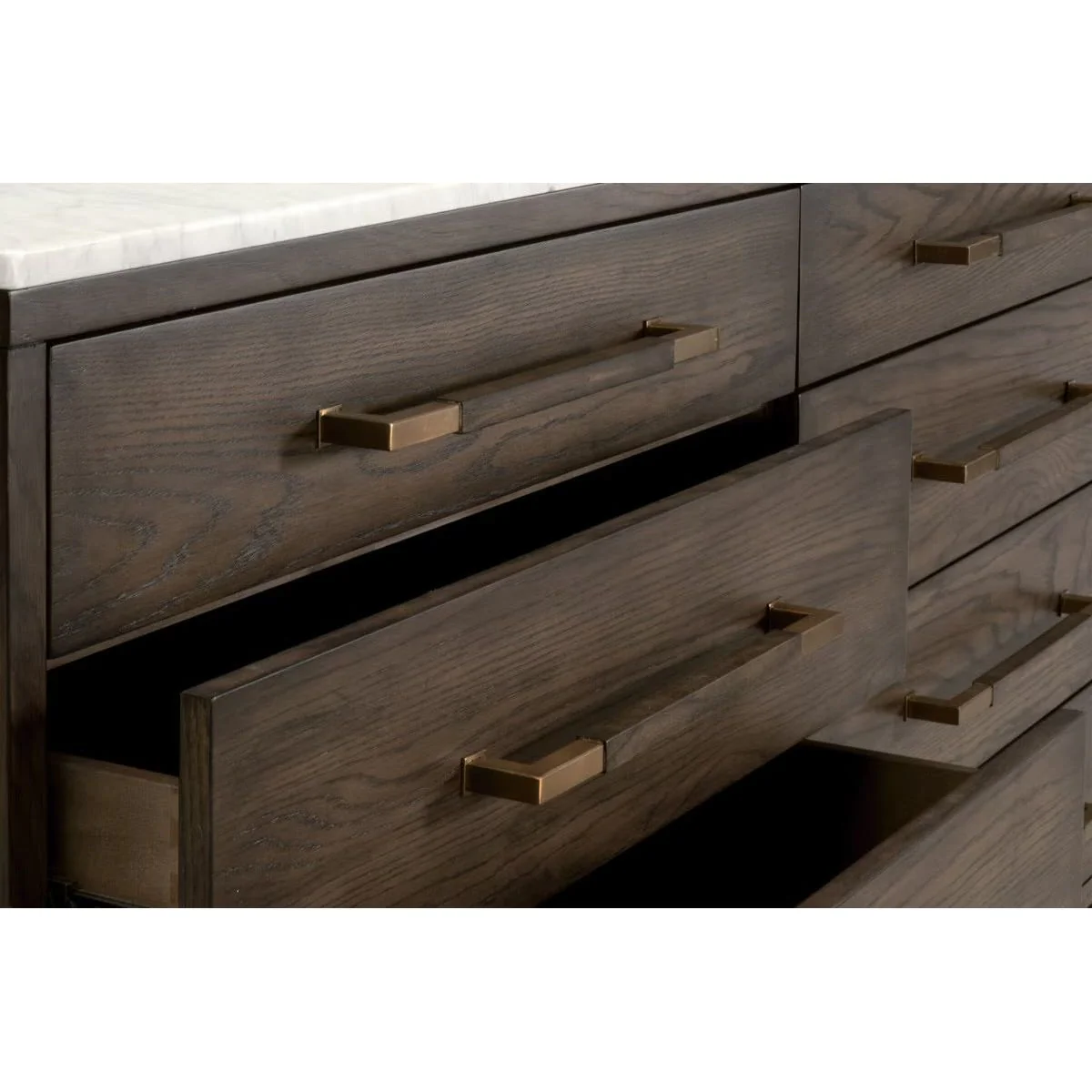 Essentials For Living Cambria 8-Drawer Double Dresser ~ Dutch Brown Oak, Bianco Marble With Aged Brass Hardware - Image 10