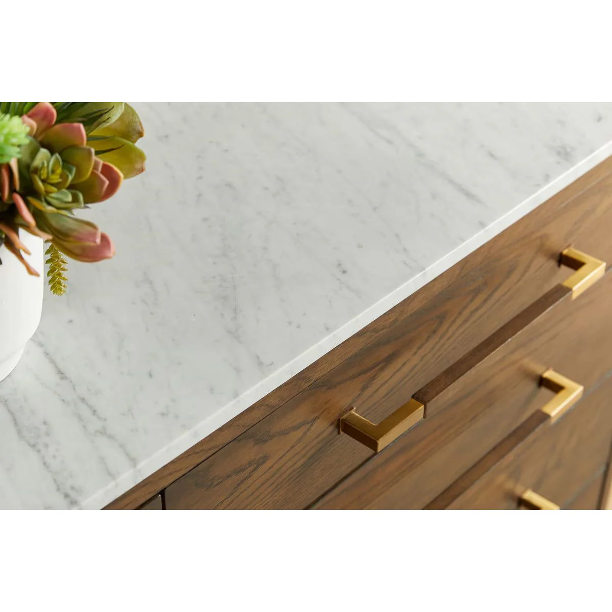 Essentials For Living Cambria 8-Drawer Double Dresser ~ Dutch Brown Oak, Bianco Marble With Aged Brass Hardware - Image 12