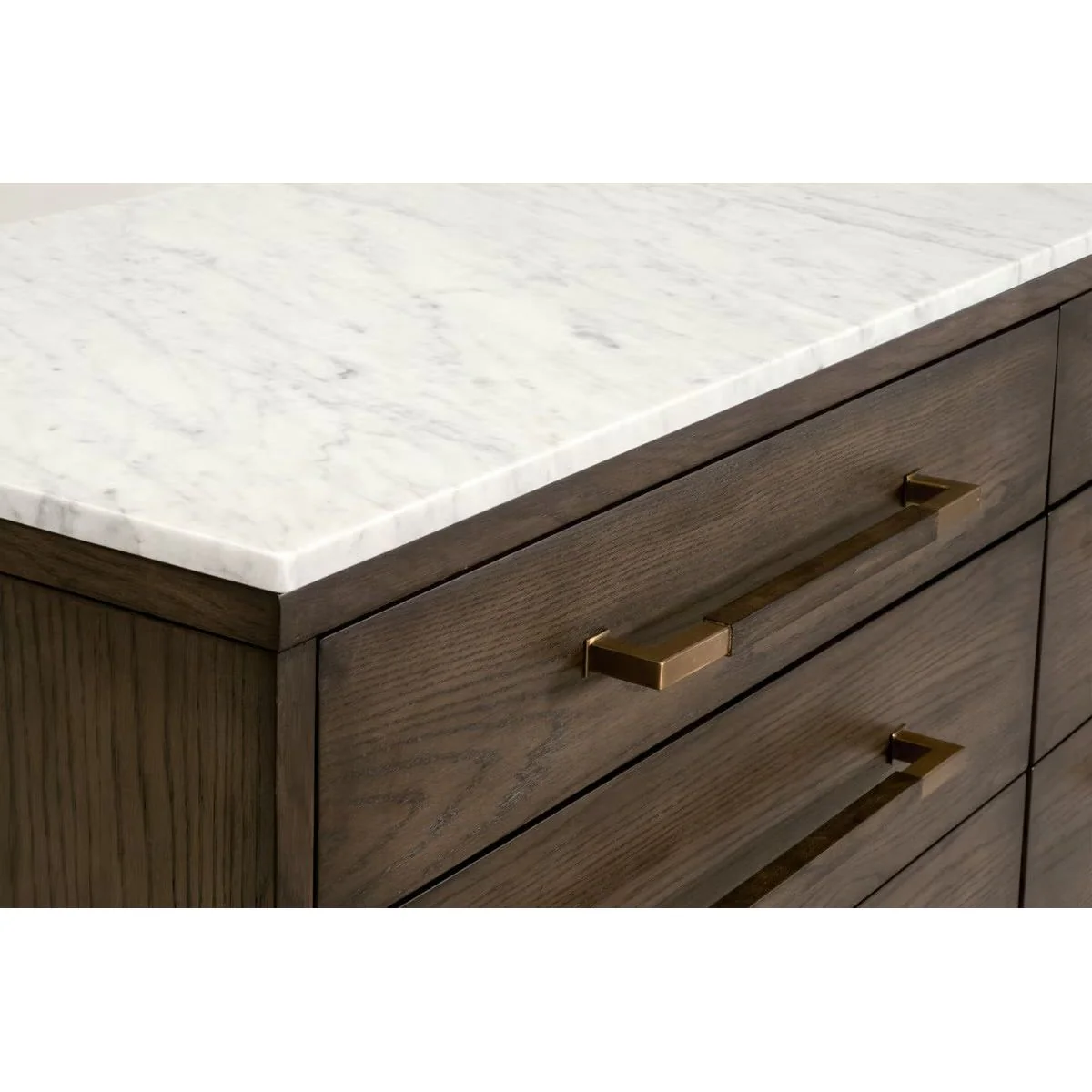 Essentials For Living Cambria 8-Drawer Double Dresser ~ Dutch Brown Oak, Bianco Marble With Aged Brass Hardware - Image 8