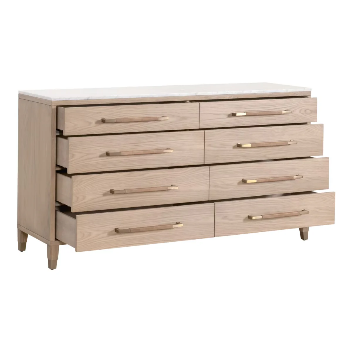 Essentials For Living Cambria 8-Drawer Double Dresser ~ Natural Oak, Bianco Marble With Aged Brass Hardware - Image 4