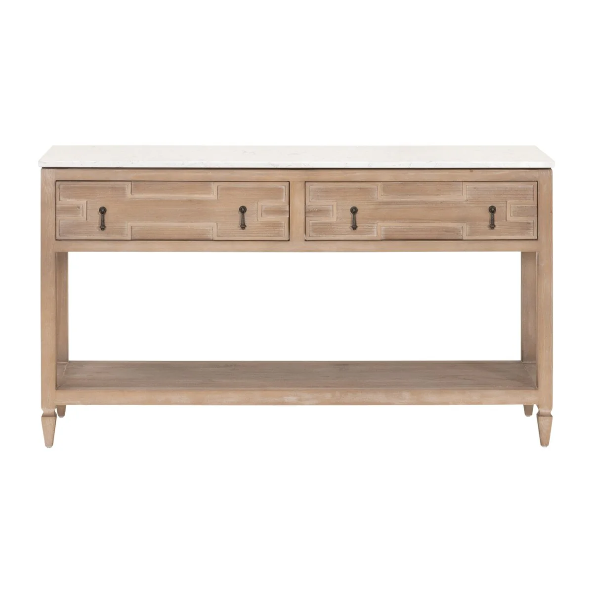Essentials For Living Emerie 2-Drawer Console Table ~ Smoke Gray Pine, White Quartz