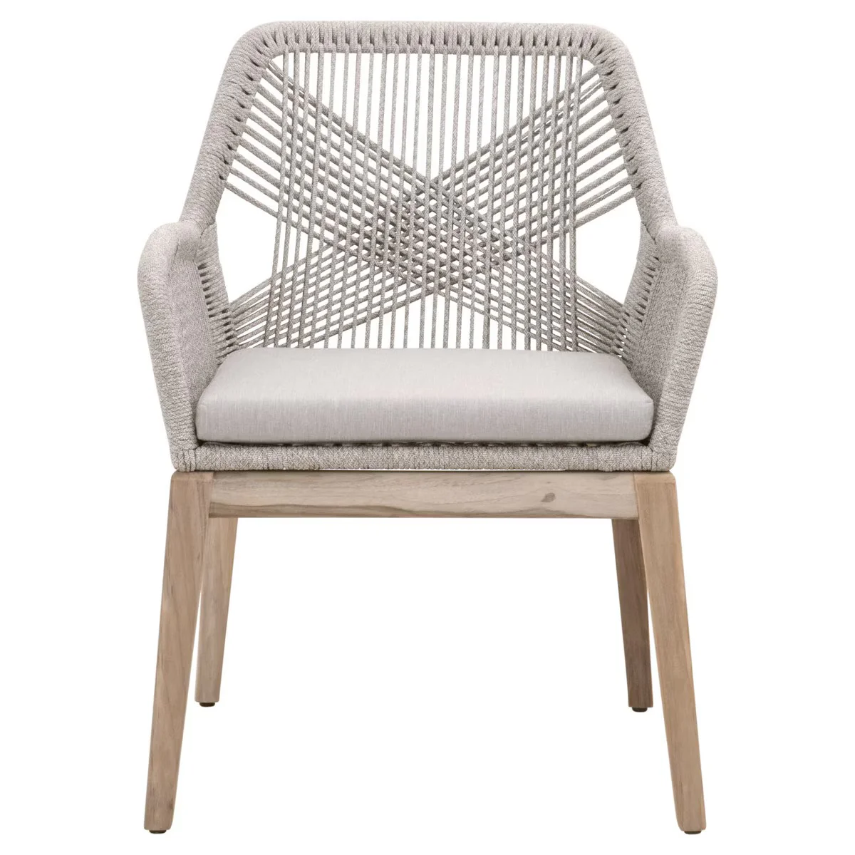 Essentials For Living Loom Outdoor Arm Chair ~ Taupe & White Flat Rope, Performance Pumice, Gray Teak (SET of 2)