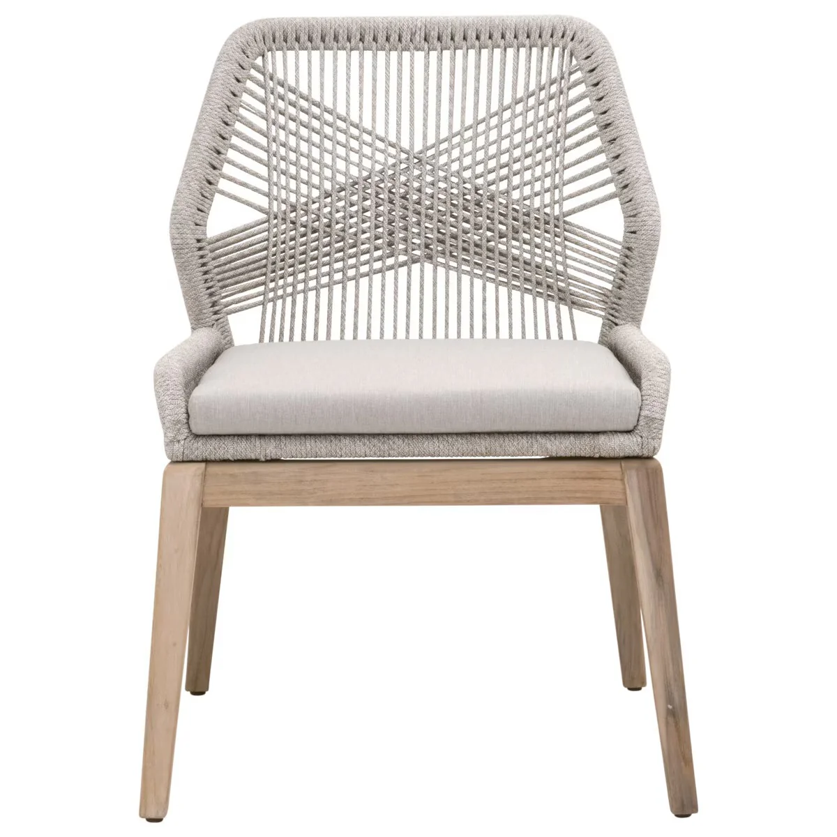 Essentials For Living Loom Outdoor Dining Chair ~ Taupe & White Flat Rope, Performance Pumice, Gray Teak (SET of 2)