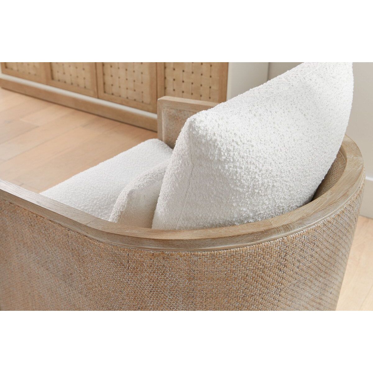 Essentials For Living McGuire Swivel Club Chair ~ LiveSmart Boucle-Snow, Natural Gray Oak & Cane - Image 11