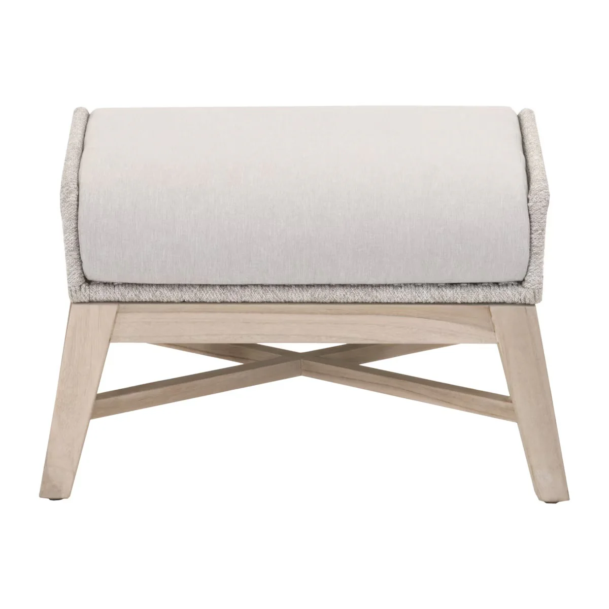 Essentials For Living Tapestry Outdoor Footstool ~ Taupe & White Flat Rope, Performance Pumice, Gray Teak