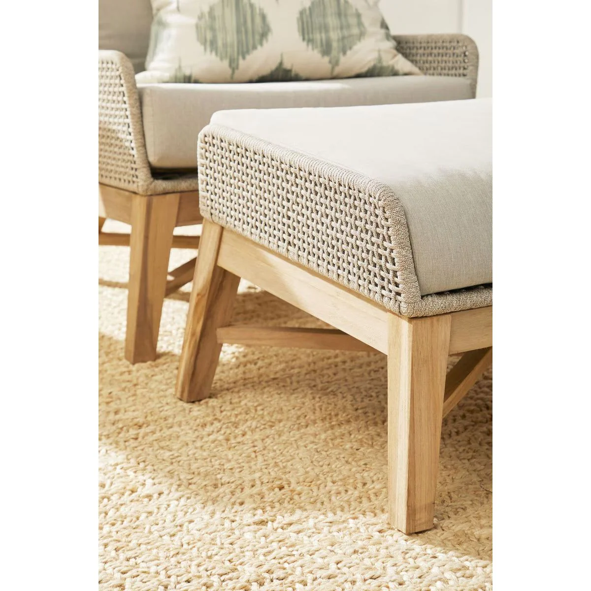 Essentials For Living Tapestry Outdoor Footstool ~ Taupe & White Flat Rope, Performance Pumice, Gray Teak - Image 10