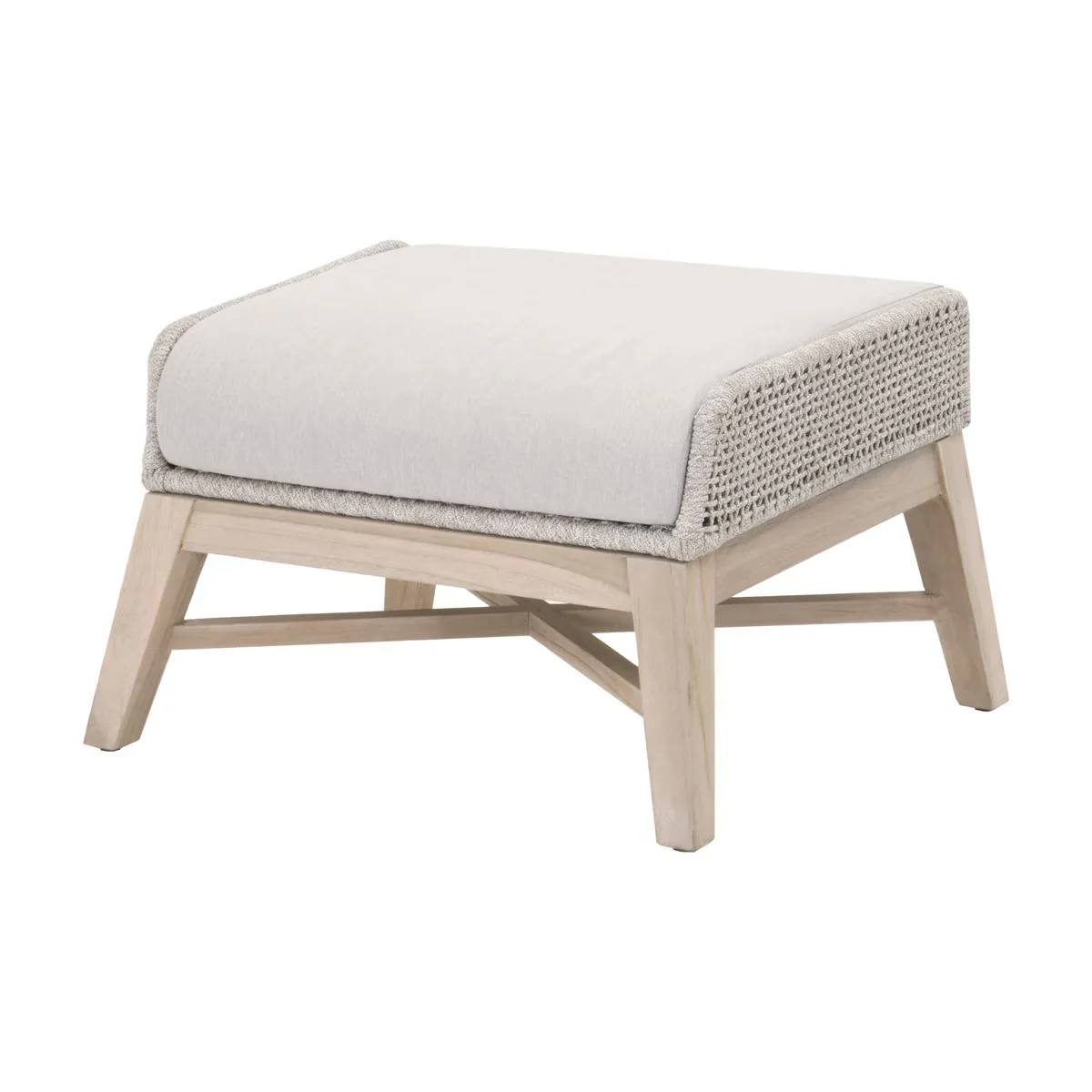Essentials For Living Tapestry Outdoor Footstool ~ Taupe & White Flat Rope, Performance Pumice, Gray Teak - Image 2