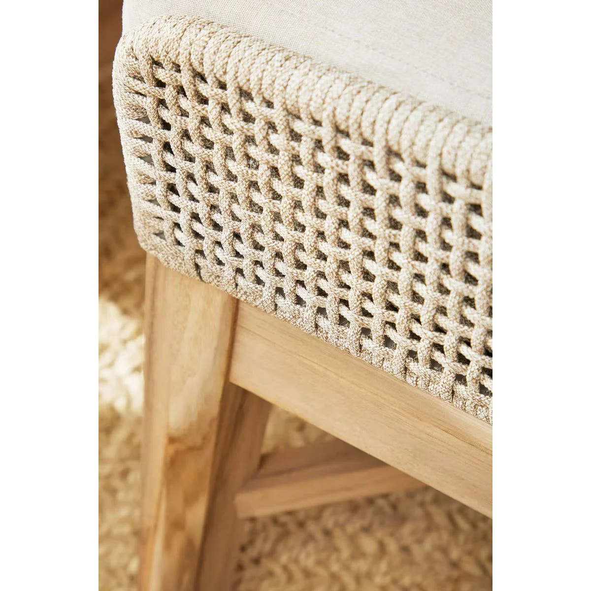 Essentials For Living Tapestry Outdoor Footstool ~ Taupe & White Flat Rope, Performance Pumice, Gray Teak - Image 6