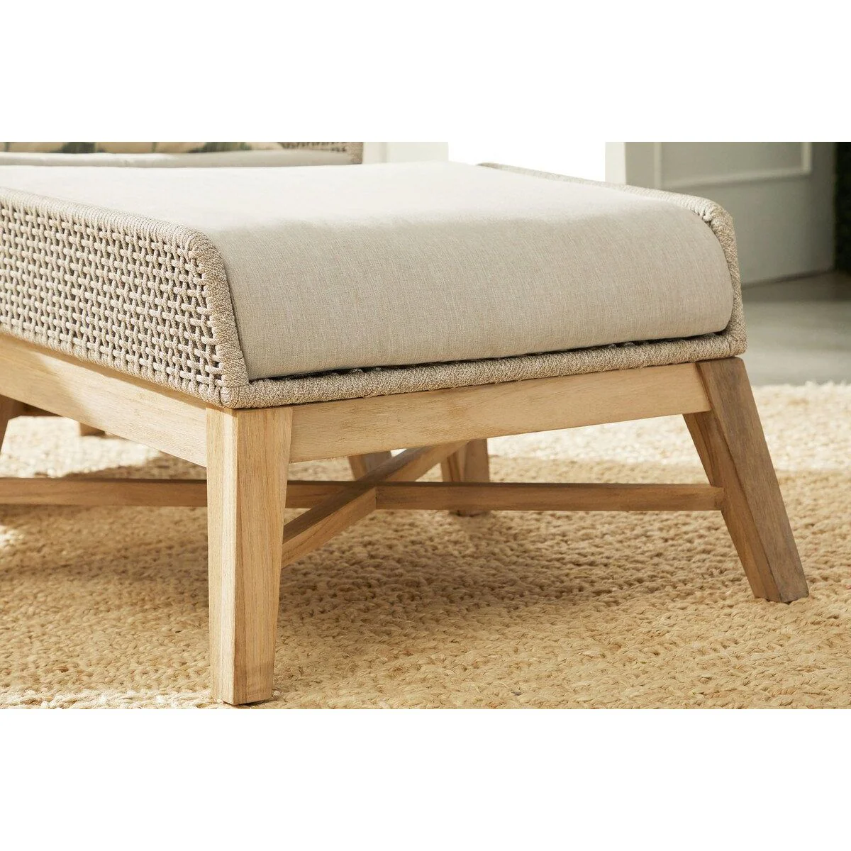 Essentials For Living Tapestry Outdoor Footstool ~ Taupe & White Flat Rope, Performance Pumice, Gray Teak - Image 9