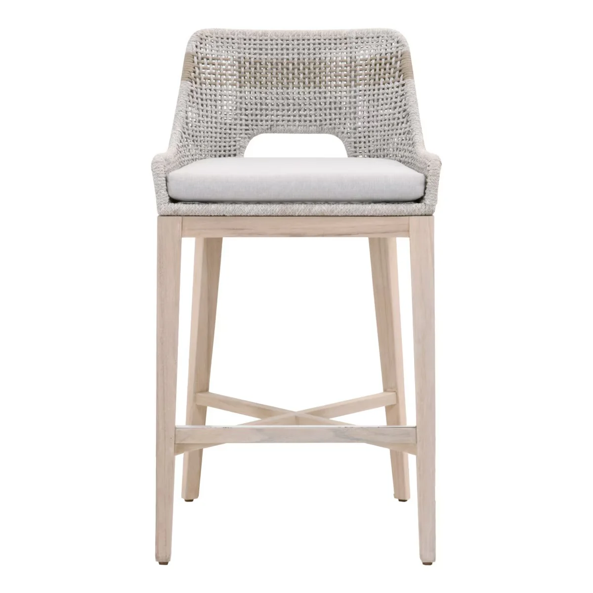 Essentials For Living Tapestry Outdoor Barstool ~ Taupe & White Flat Rope, Taupe Stripe, Performance Pumice, Gray Teak