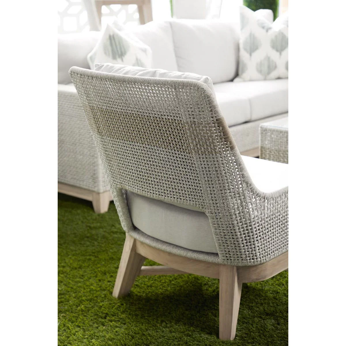 Essentials For Living Tapestry Outdoor Club Chair ~ Taupe & White Flat Rope, Taupe Stripe, Performance Pumice, Gray Teak - Image 12