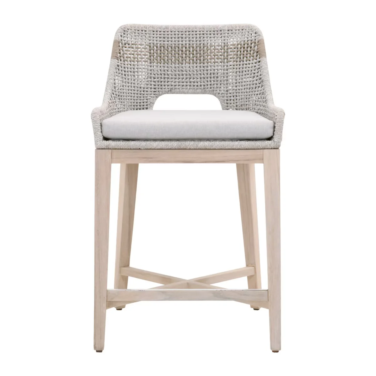 Essentials For Living Tapestry Outdoor Counter Stool ~ Taupe & White Flat Rope, Taupe Stripe, Performance Pumice, Gray Teak