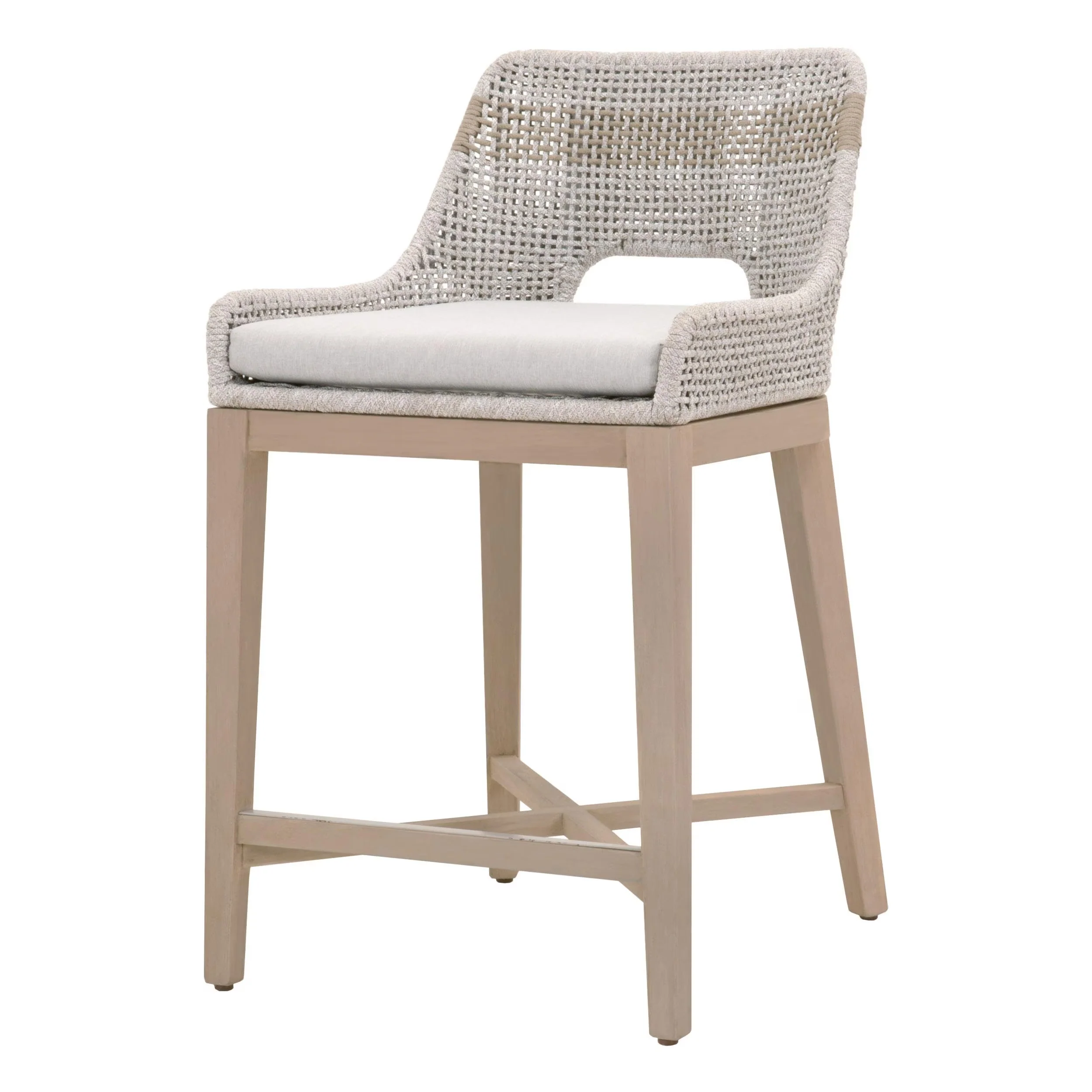 Essentials For Living Tapestry Outdoor Counter Stool ~ Taupe & White Flat Rope, Taupe Stripe, Performance Pumice, Washed Ever Teak - Image 2