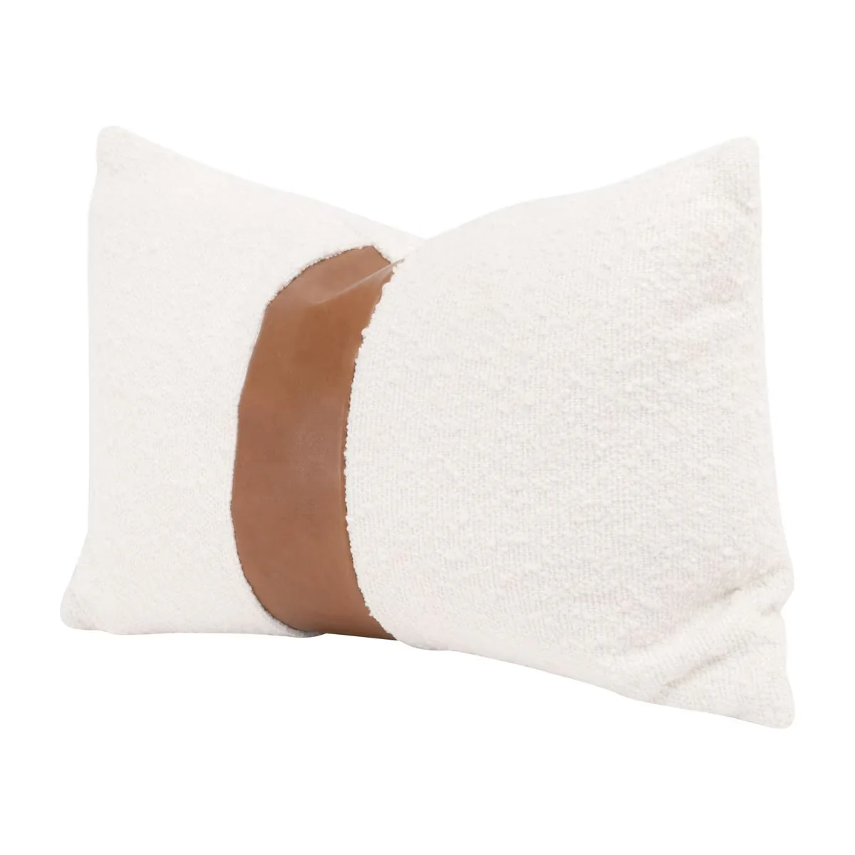 Essentials For Living The Split Decision 20” Essential Lumbar Pillow ~ LiveSmart Boucle-Snow, Whiskey Brown Top Grain Leather Stripe - Image 2