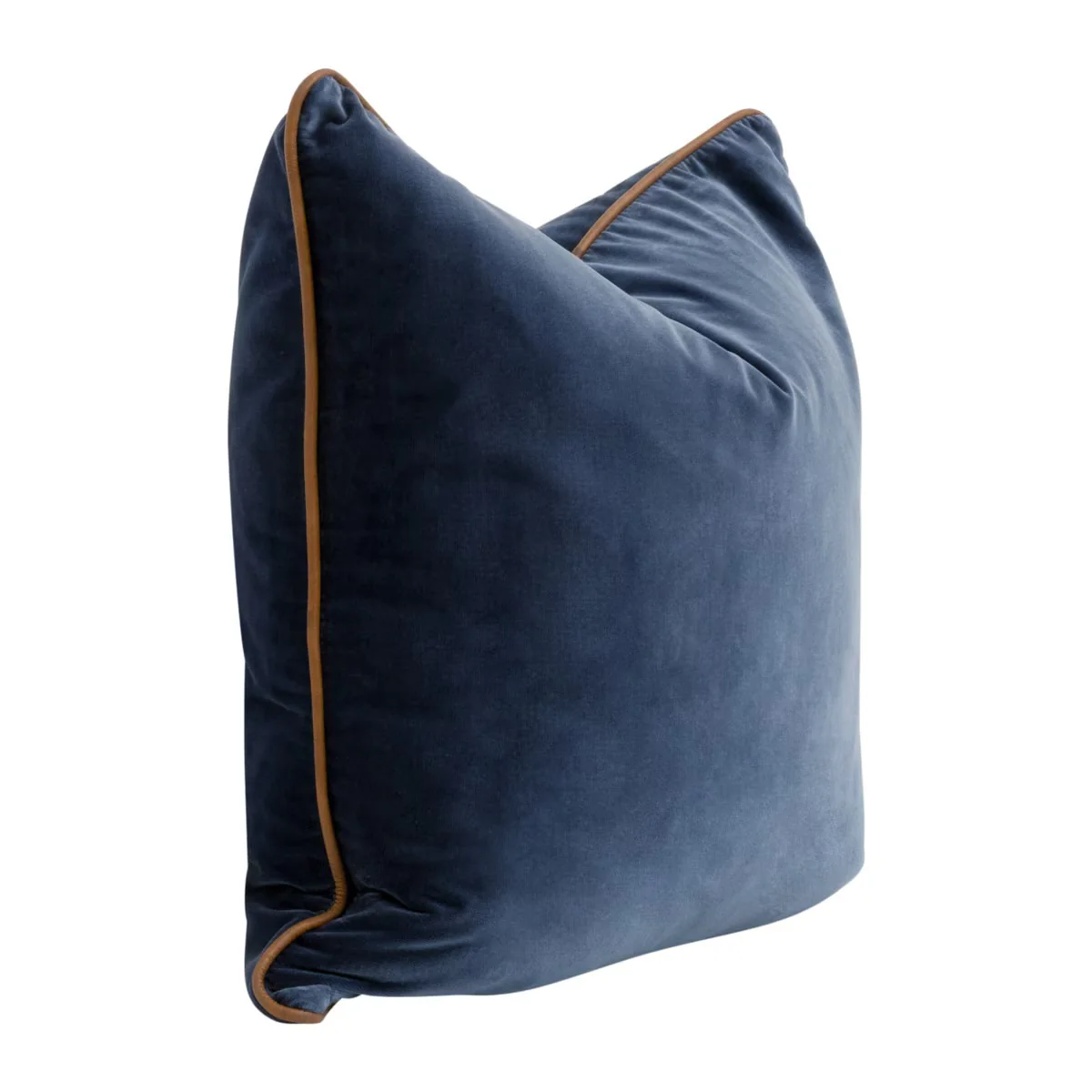 Essentials For Living The Not So Basic 22” Essential Pillow ~ Denim Velvet, Whiskey Brown Top Grain Leather Piping - Image 2