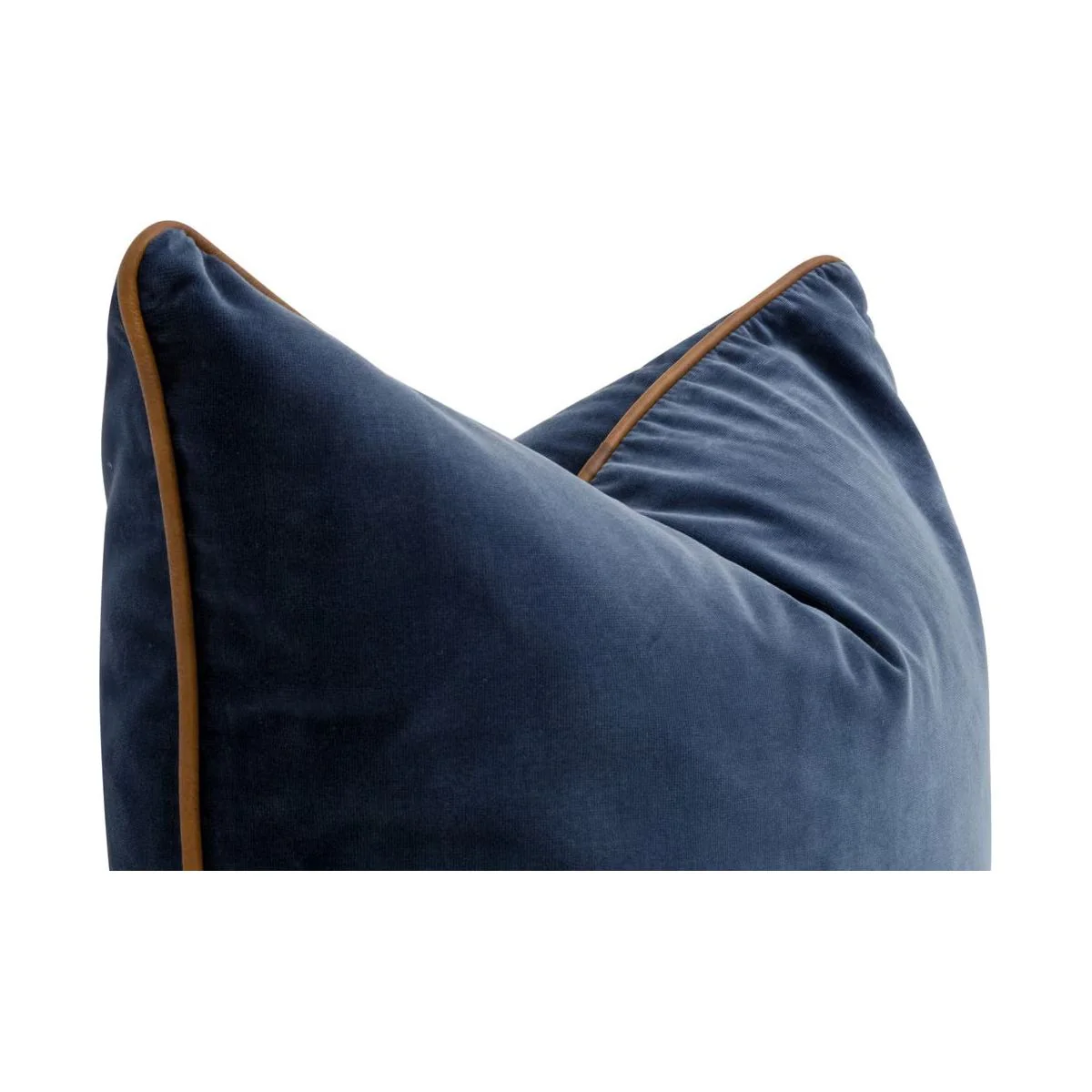 Essentials For Living The Not So Basic 22” Essential Pillow ~ Denim Velvet, Whiskey Brown Top Grain Leather Piping - Image 3