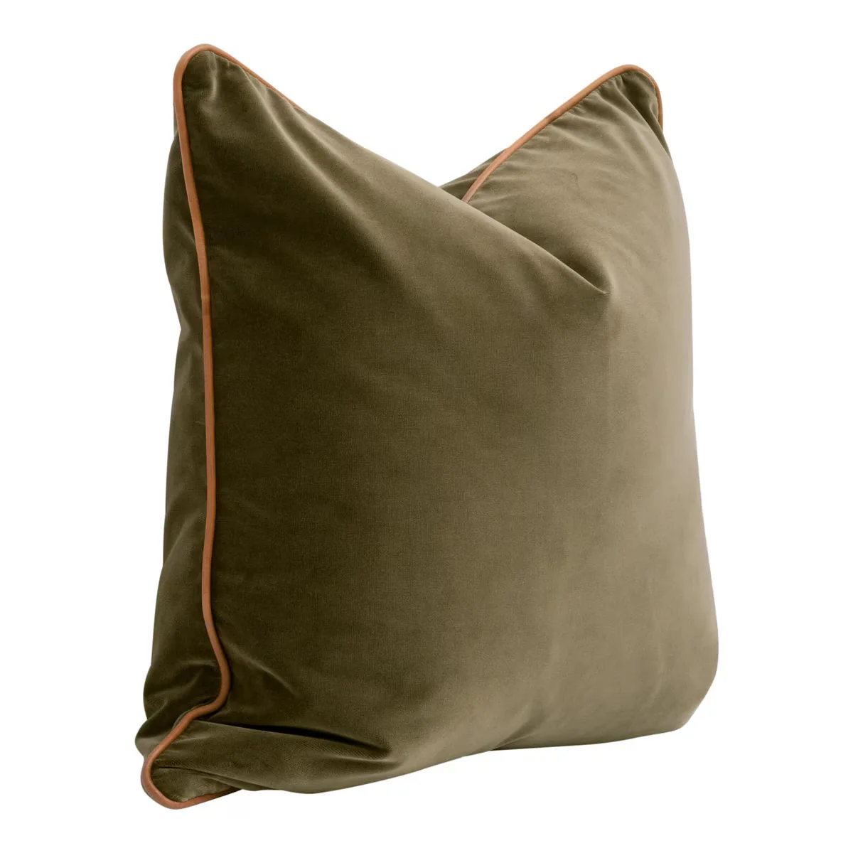 Essentials For Living The Not So Basic 22” Essential Pillow ~ Olive Velvet, Whiskey Brown Top Grain Leather Piping - Image 2