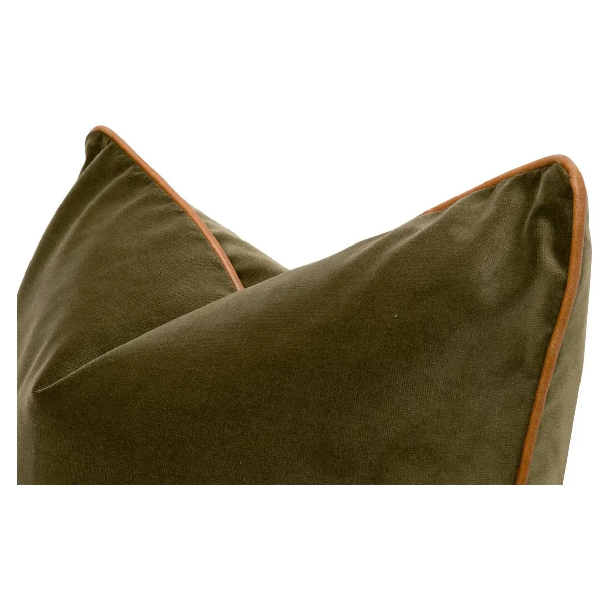 Essentials For Living The Not So Basic 22” Essential Pillow ~ Olive Velvet, Whiskey Brown Top Grain Leather Piping - Image 3