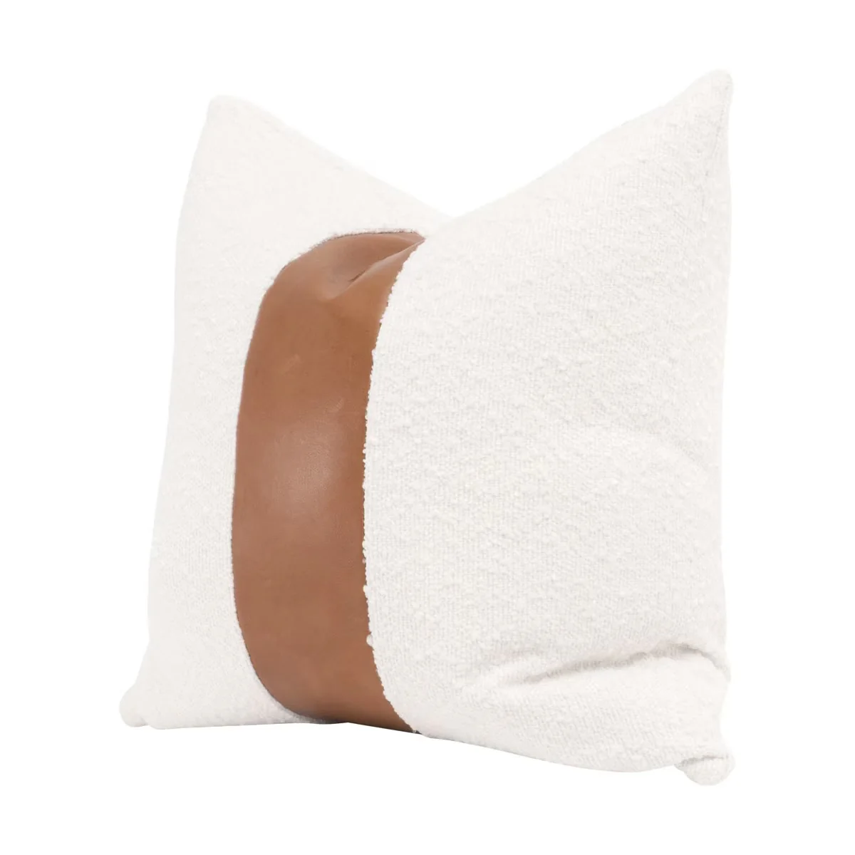 Essentials For Living The Split Decision 20” Essential Pillow ~ LiveSmart Boucle-Snow, Whiskey Brown Top Grain Leather Stripe - Image 2
