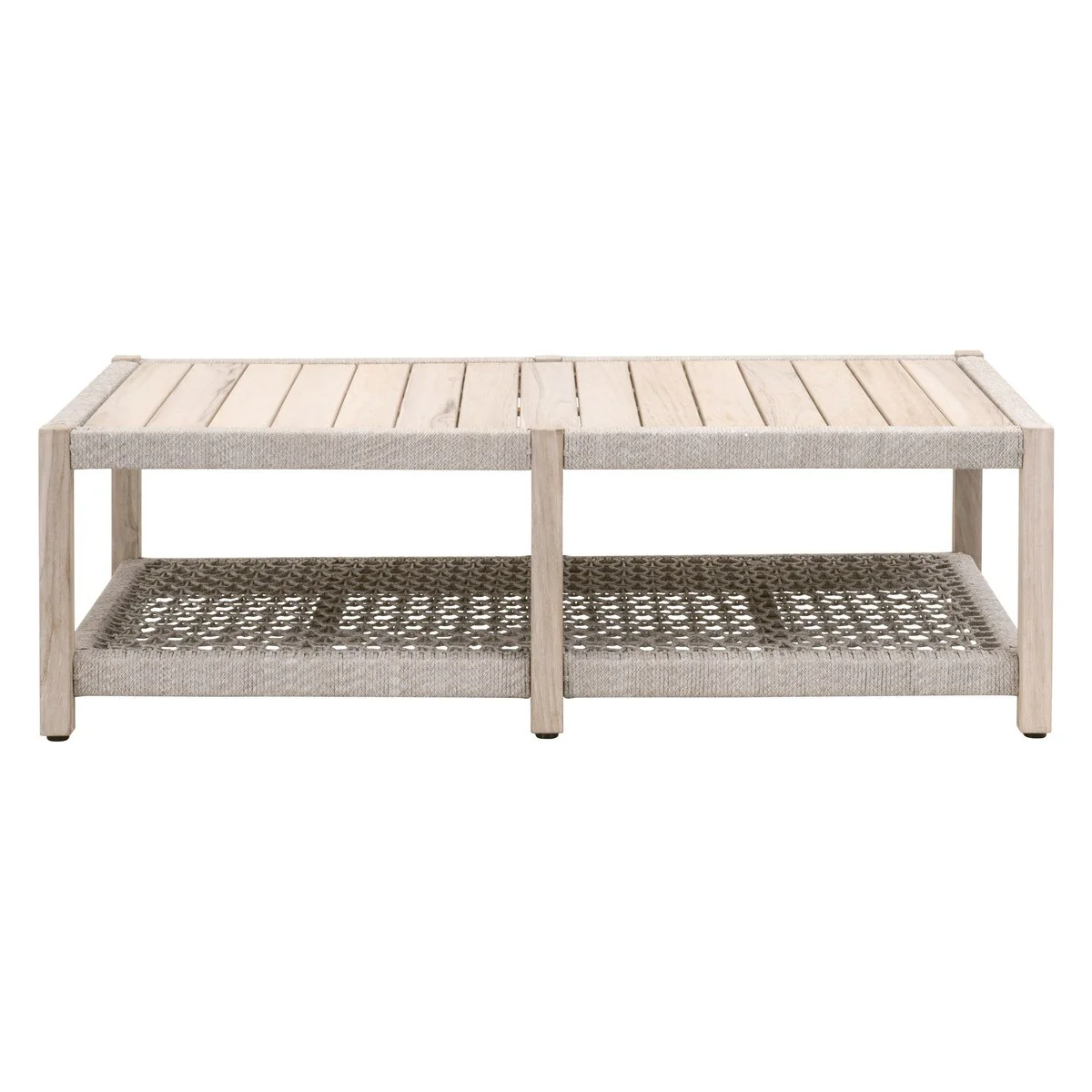 Essentials For Living Wrap Rectangular Outdoor Coffee Table ~ Taupe & White Flat Rope, Gray Teak
