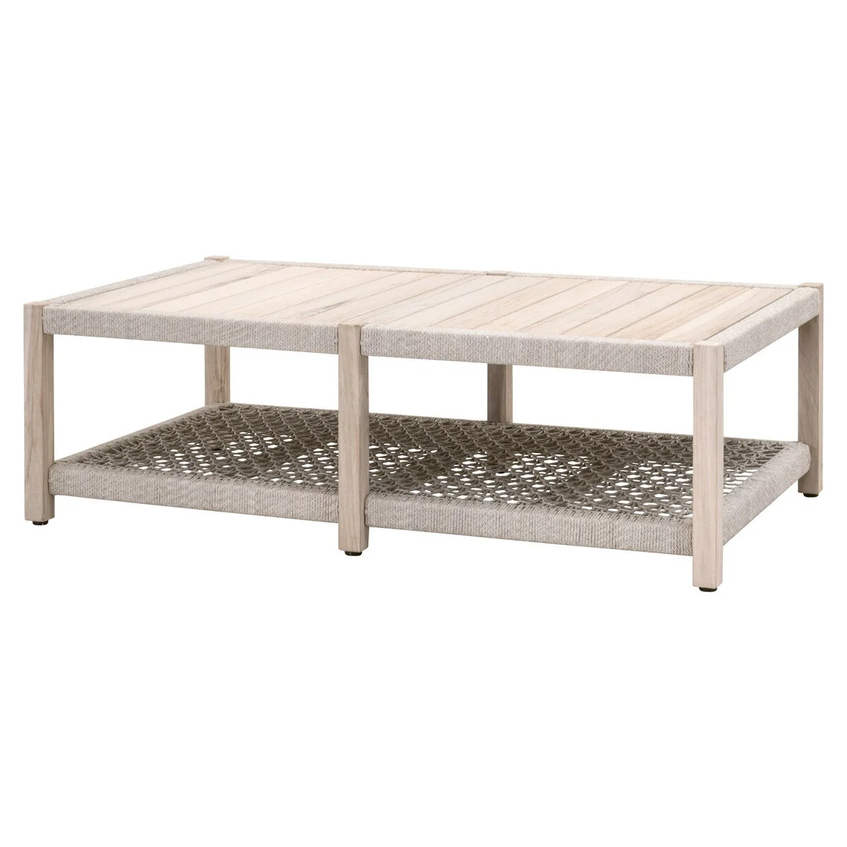 Essentials For Living Wrap Rectangular Outdoor Coffee Table ~ Taupe & White Flat Rope, Gray Teak - Image 2