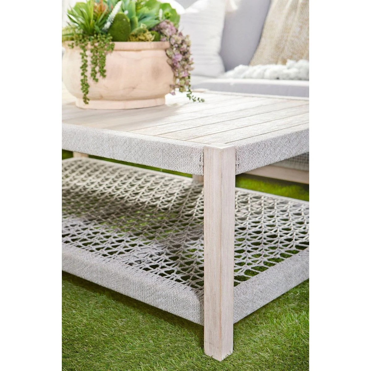 Essentials For Living Wrap Rectangular Outdoor Coffee Table ~ Taupe & White Flat Rope, Gray Teak - Image 7