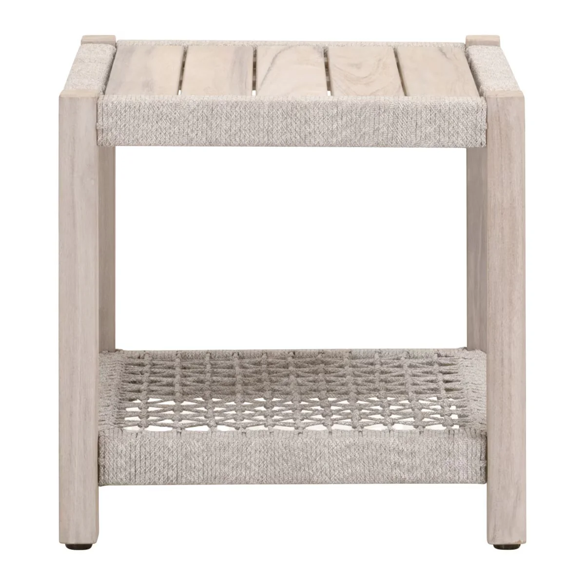 Essentials For Living Wrap Outdoor End Table ~ Taupe & White Flat Rope, Gray Teak