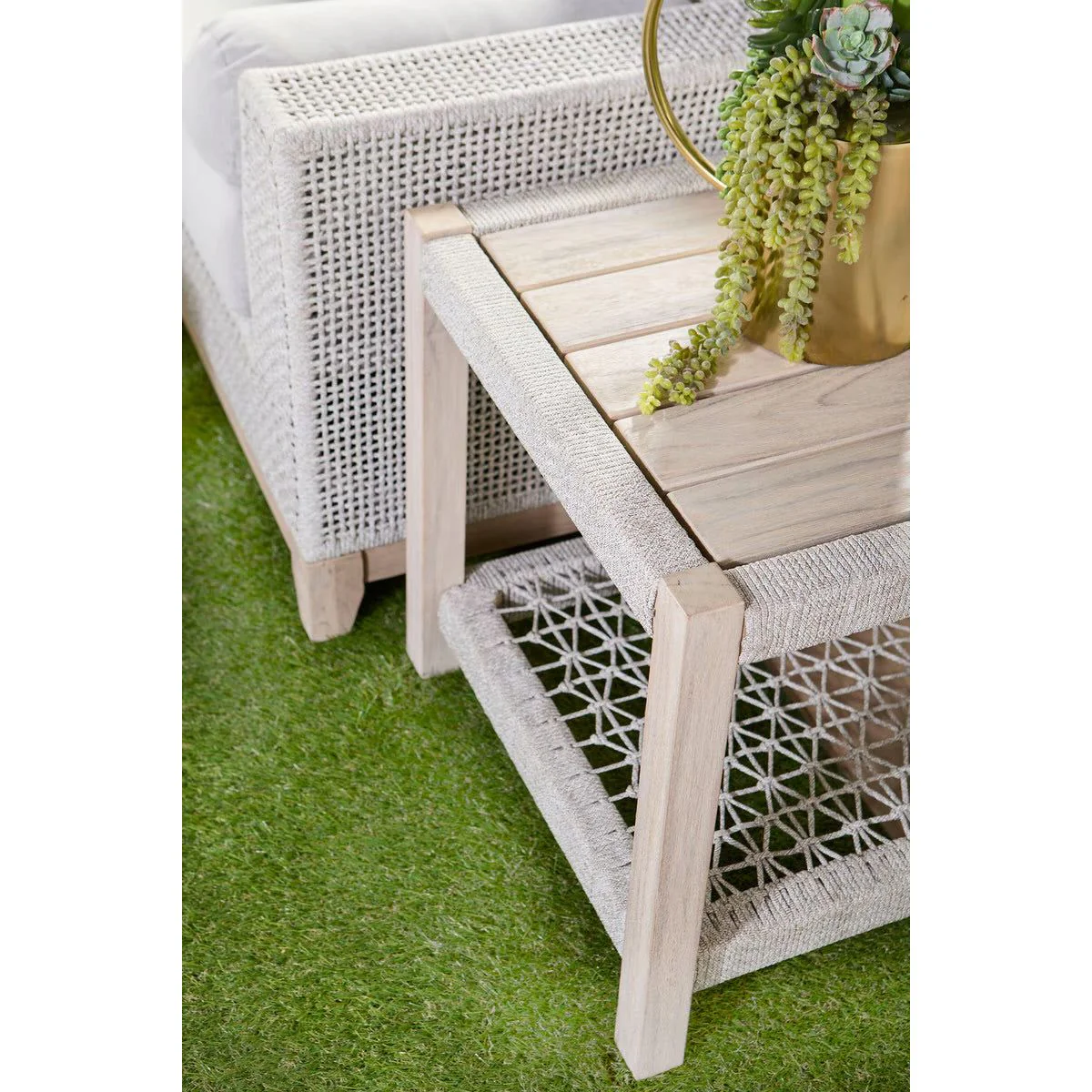Essentials For Living Wrap Outdoor End Table ~ Taupe & White Flat Rope, Gray Teak - Image 6