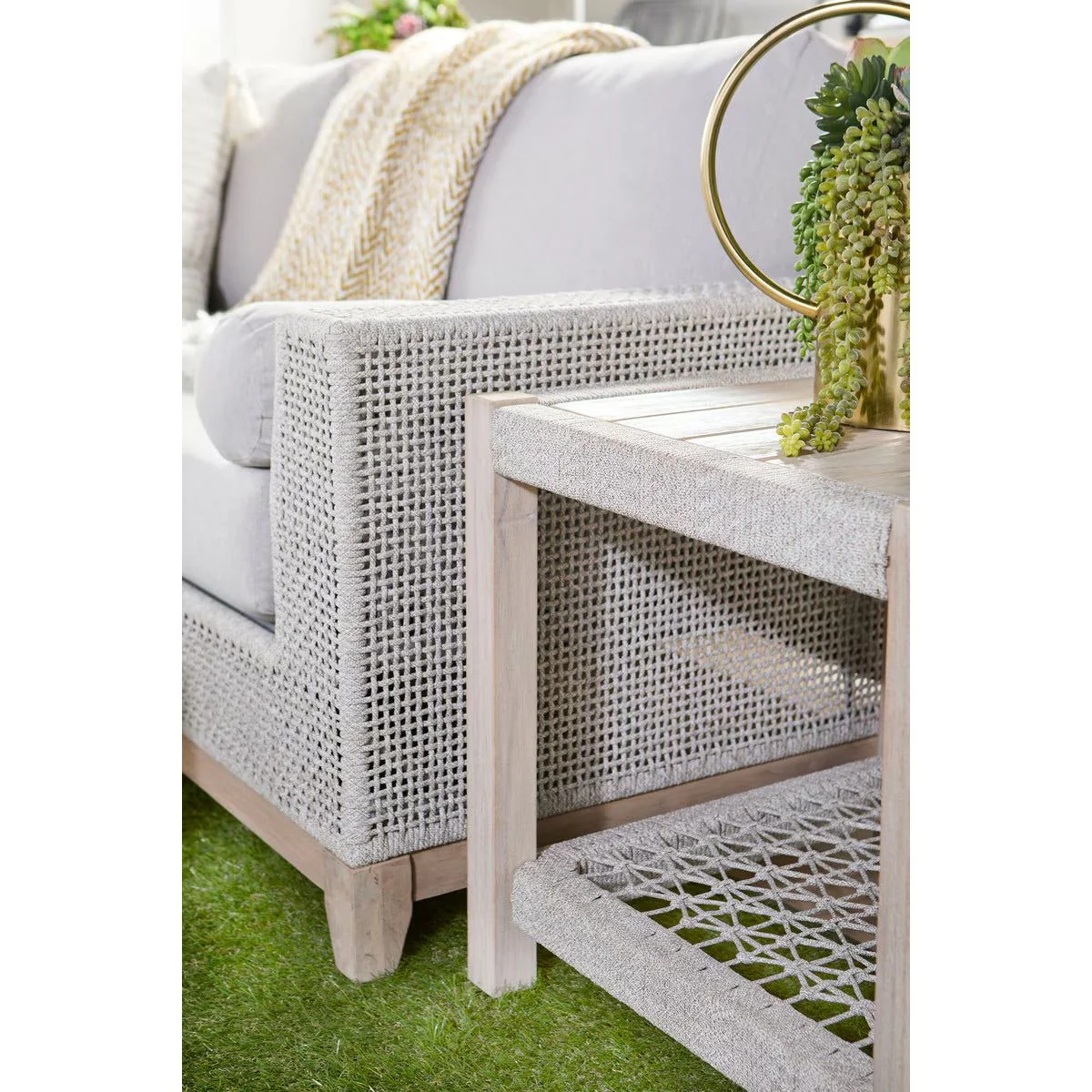 Essentials For Living Wrap Outdoor End Table ~ Taupe & White Flat Rope, Gray Teak - Image 7