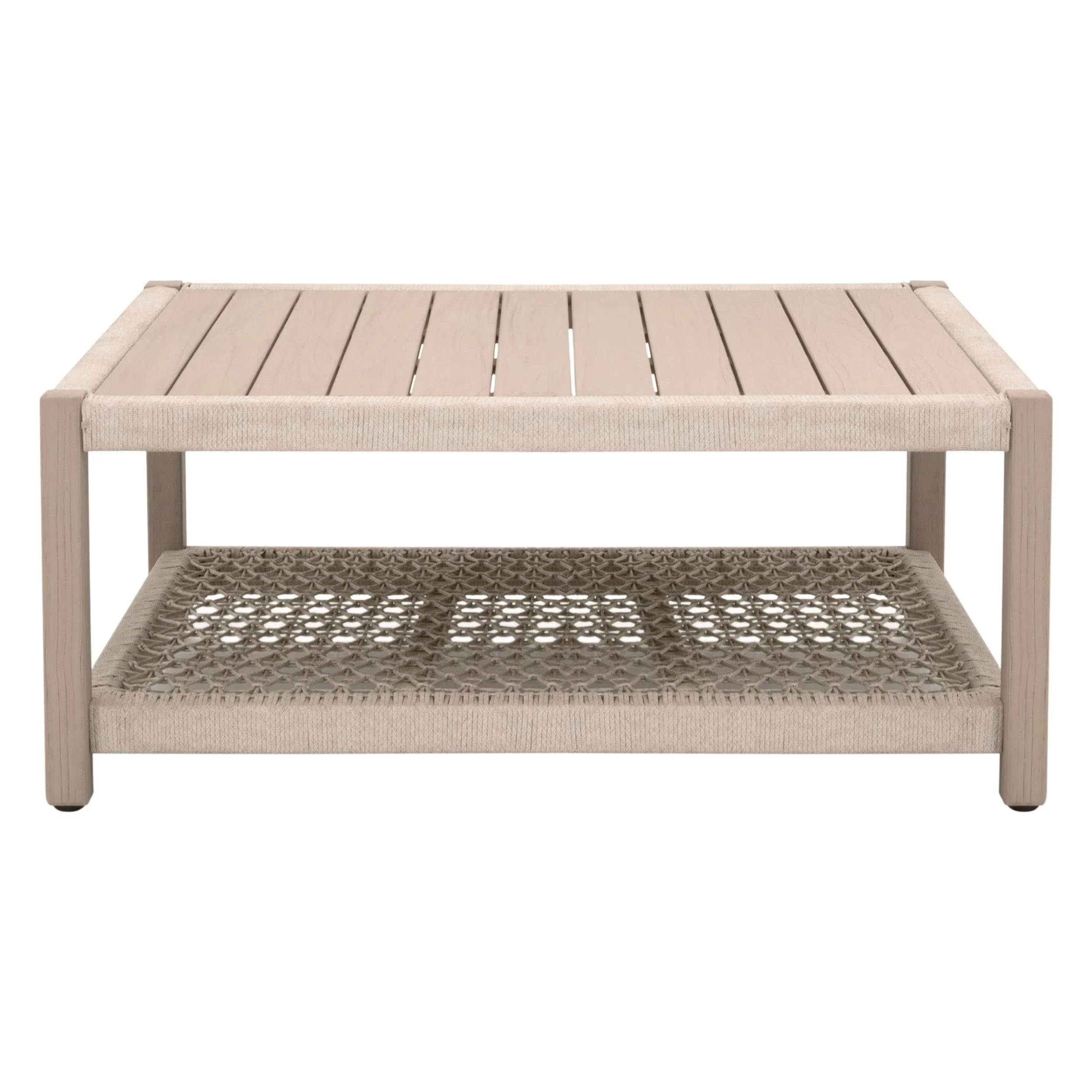 Essentials For Living Wrap Outdoor Square Coffee Table ~ Oat Flat Rope, Washed Ever Teak