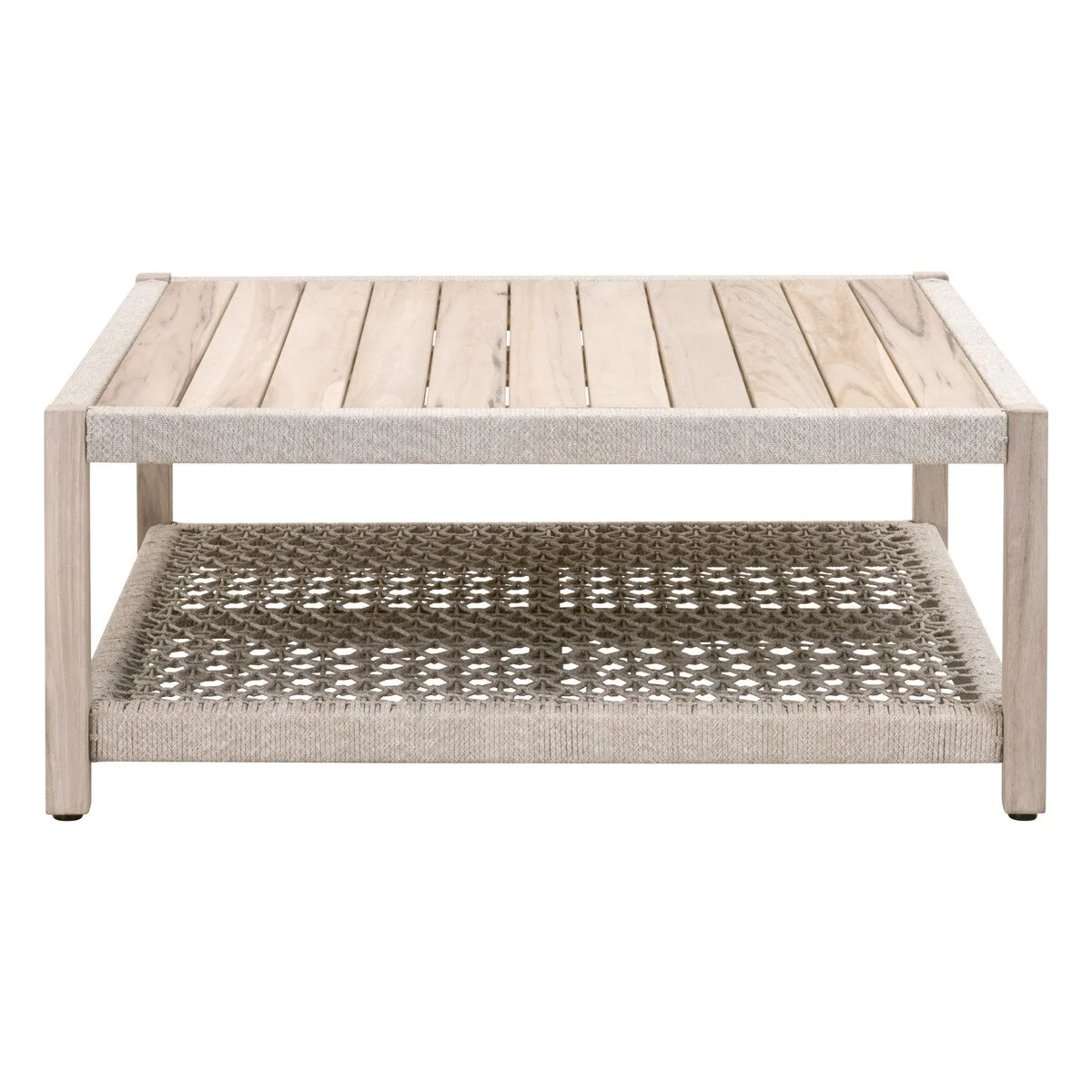 Essentials For Living Wrap Outdoor Square Coffee Table ~ Taupe & White Flat Rope, Gray Teak