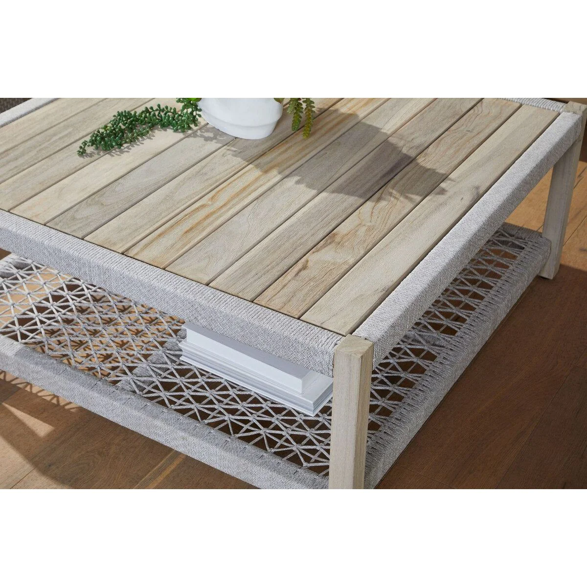 Essentials For Living Wrap Outdoor Square Coffee Table ~ Taupe & White Flat Rope, Gray Teak - Image 6
