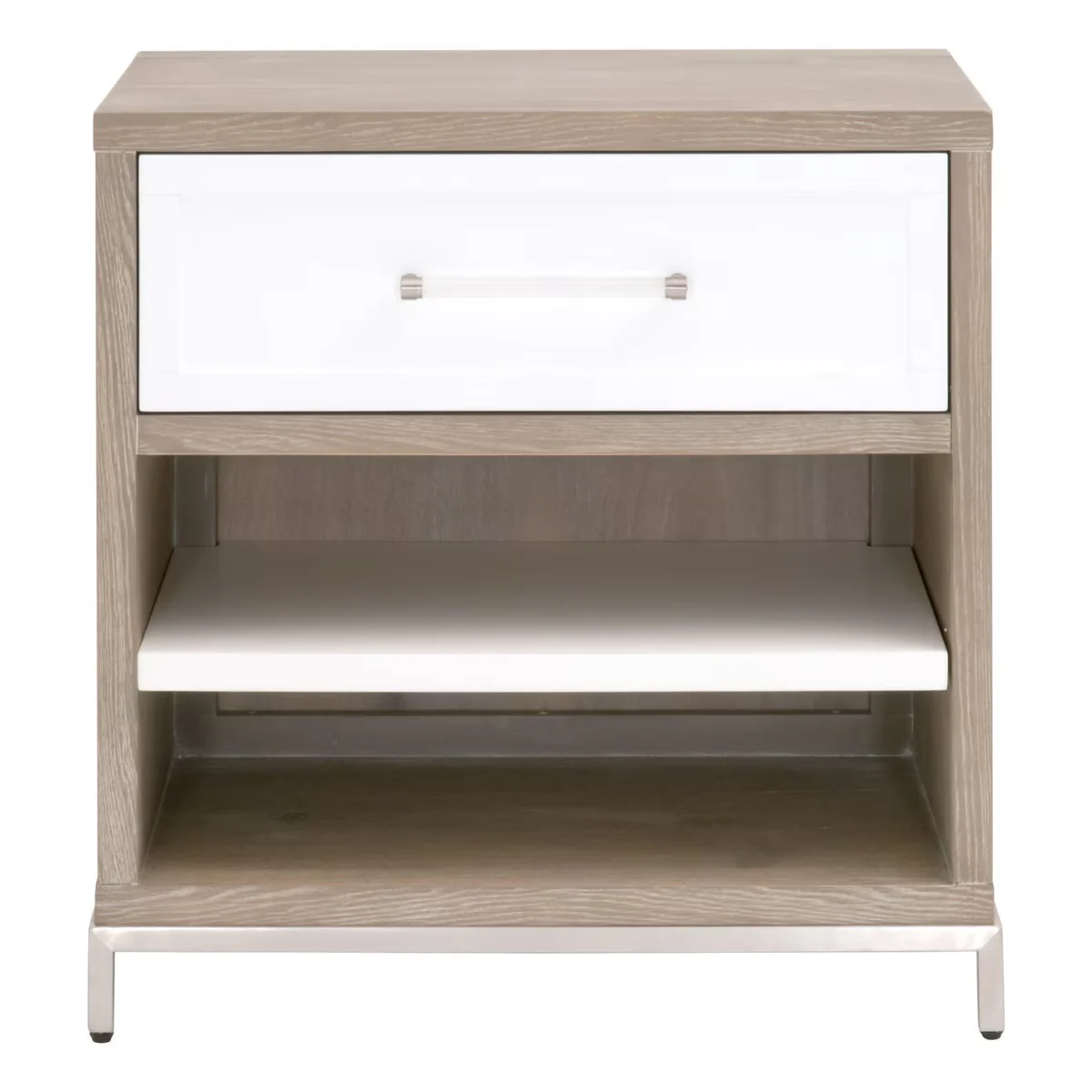 Essentials For Living Wrenn 1-Drawer Nightstand~ Natural Gray Acacia, Matte White And Brushed Stainless Steel Hardware