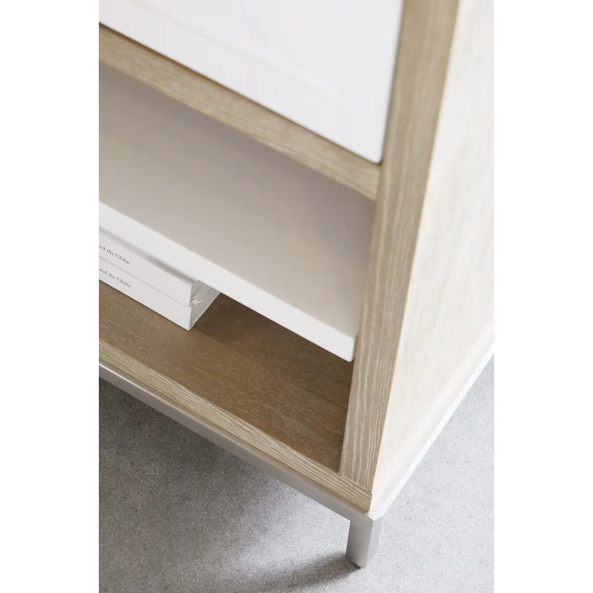 Essentials For Living Wrenn 1-Drawer Nightstand~ Natural Gray Acacia, Matte White And Brushed Stainless Steel Hardware - Image 8
