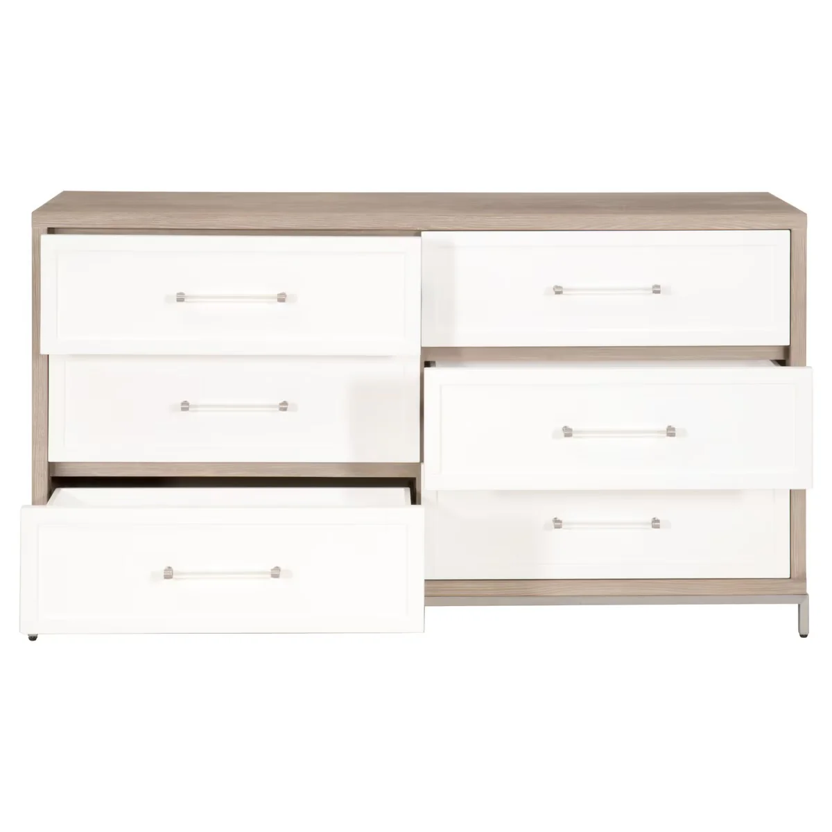 Essentials For Living Wrenn 6-Drawer Double Dresser ~ Natural Gray Acacia, Matte White With Brushed Stainless Steel Hardware - Image 2
