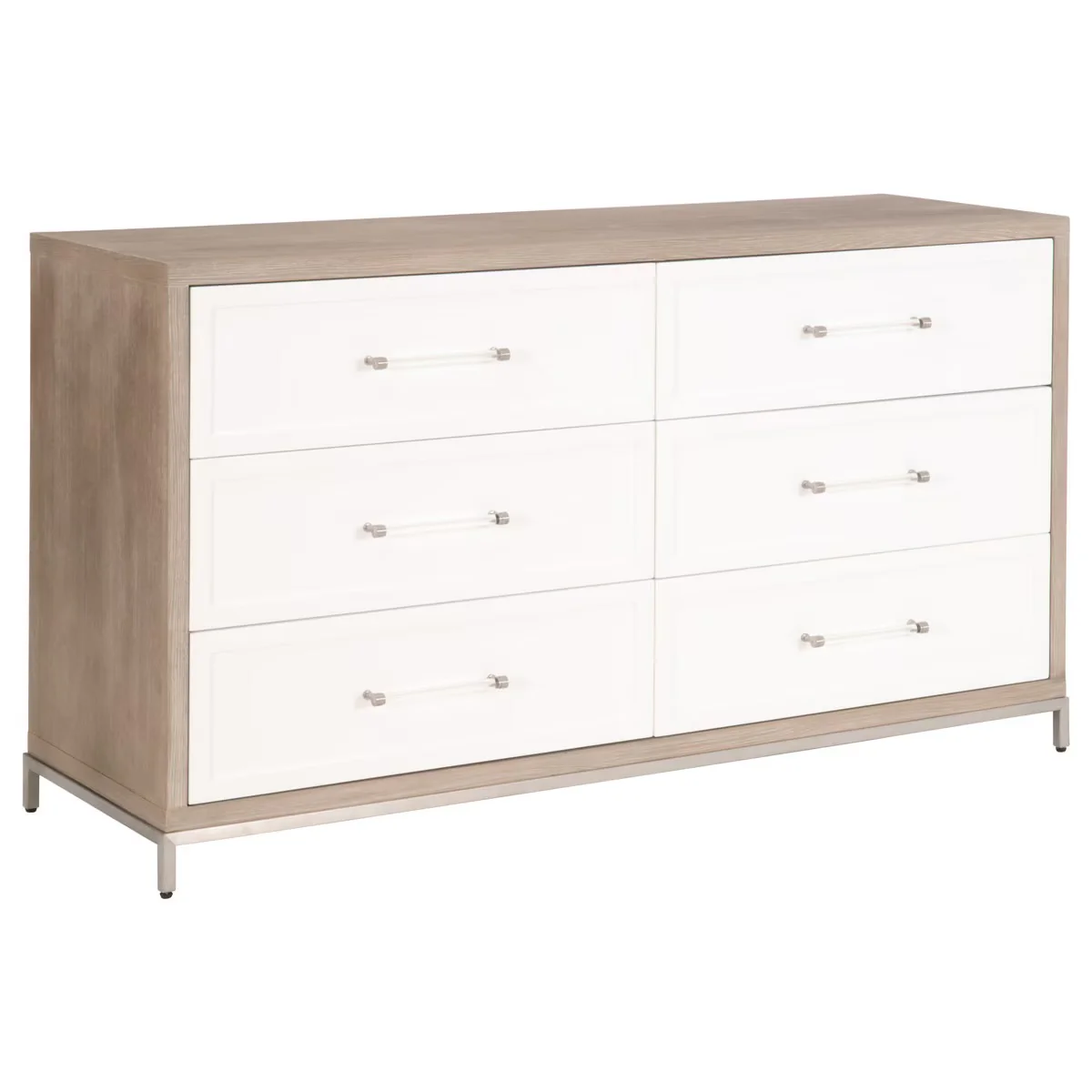 Essentials For Living Wrenn 6-Drawer Double Dresser ~ Natural Gray Acacia, Matte White With Brushed Stainless Steel Hardware - Image 3