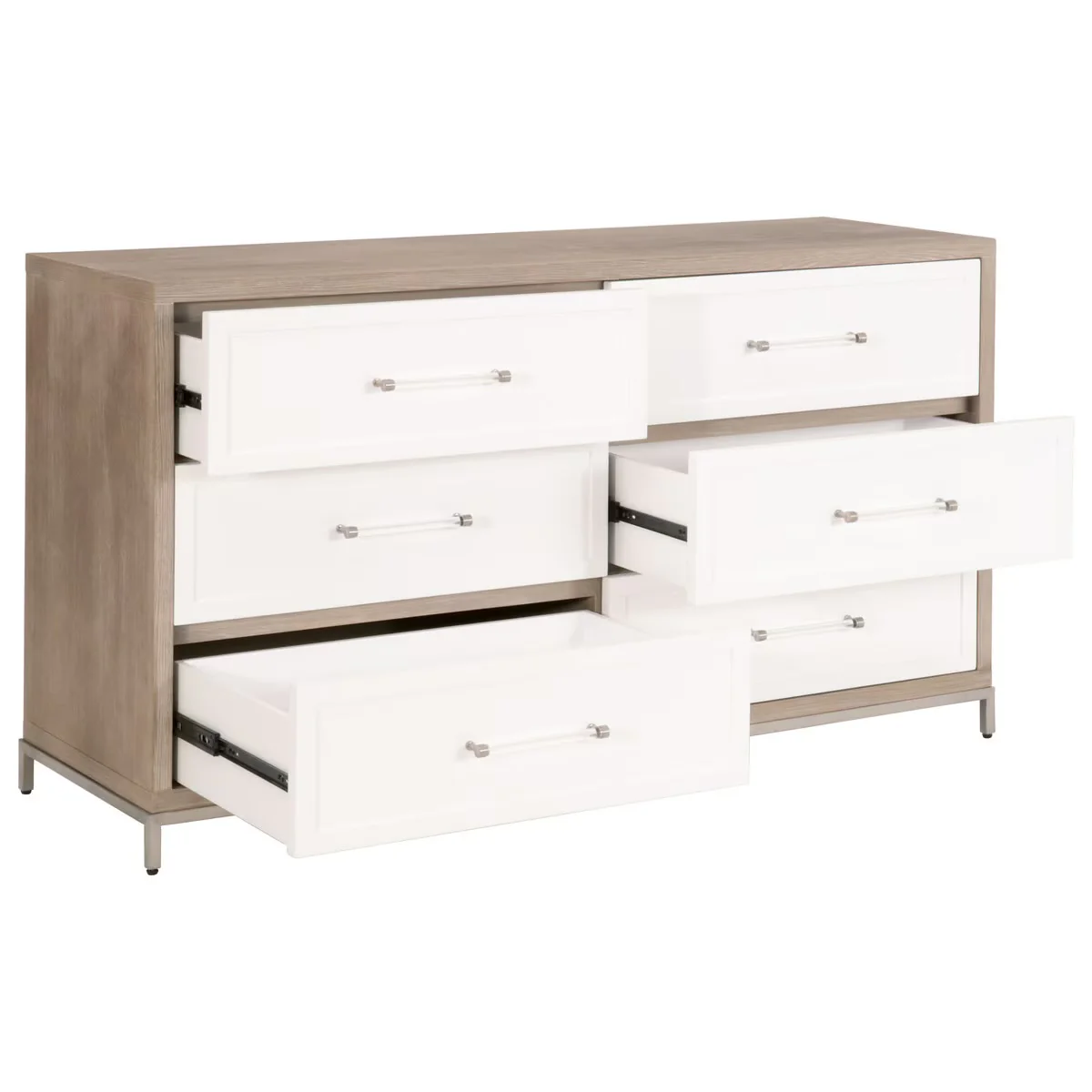 Essentials For Living Wrenn 6-Drawer Double Dresser ~ Natural Gray Acacia, Matte White With Brushed Stainless Steel Hardware - Image 4