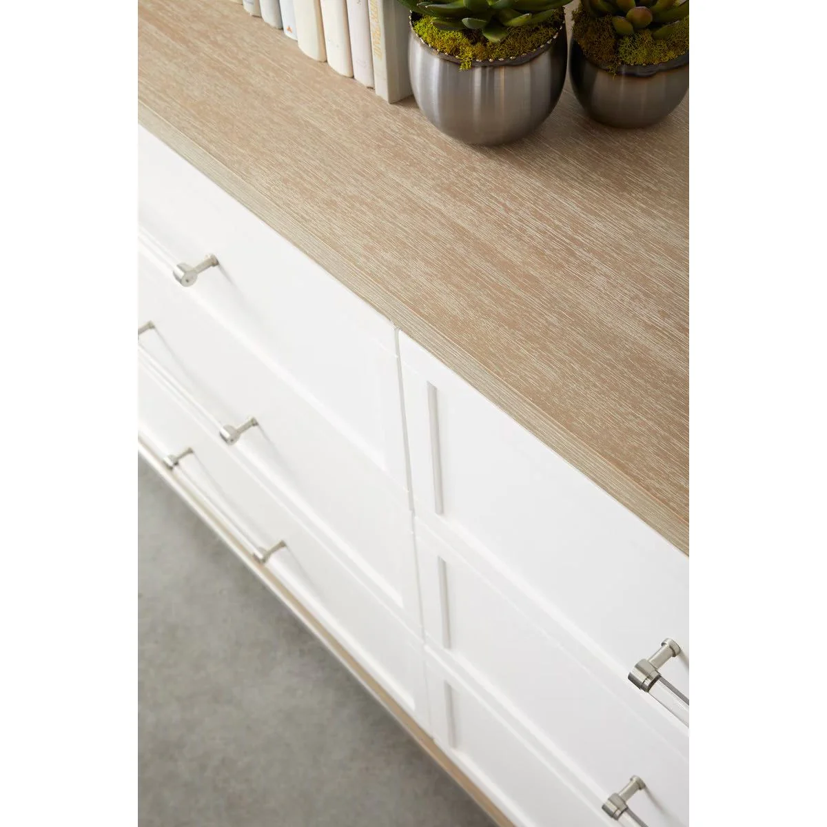 Essentials For Living Wrenn 6-Drawer Double Dresser ~ Natural Gray Acacia, Matte White With Brushed Stainless Steel Hardware - Image 7