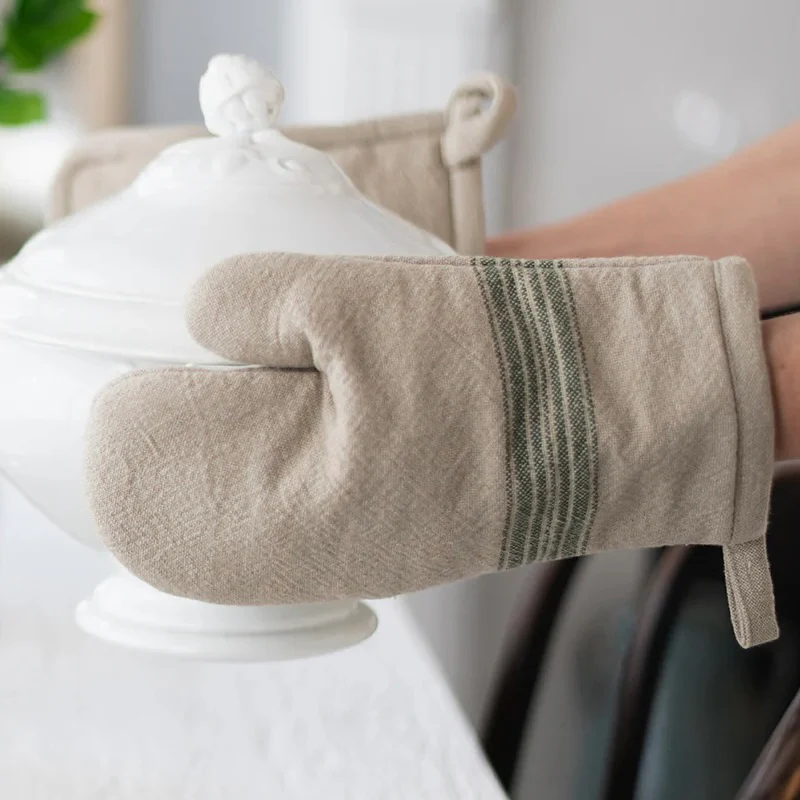 etúHOME Vintage Spruce Green Stripe Kitchen Oven Mitts ~ Set of 2 - Image 3