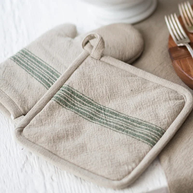 etúHOME Vintage Spruce Green Stripe Kitchen Oven Mitts ~ Set of 2 - Image 4