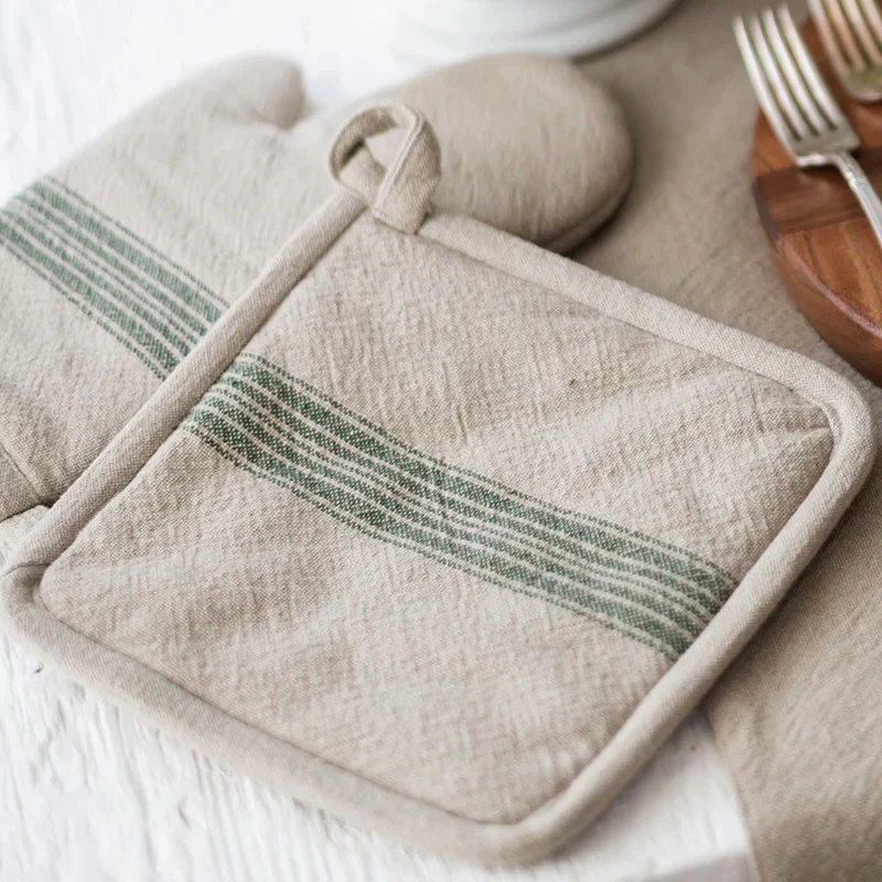etúHOME Vintage Spruce Green Stripe Kitchen Pot Holders ~ Set of 2 - Image 4