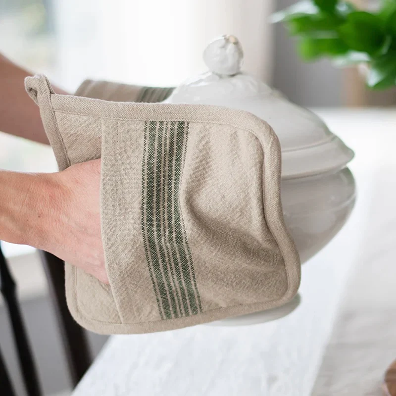 etúHOME Vintage Spruce Green Stripe Kitchen Pot Holders ~ Set of 2 - Image 5