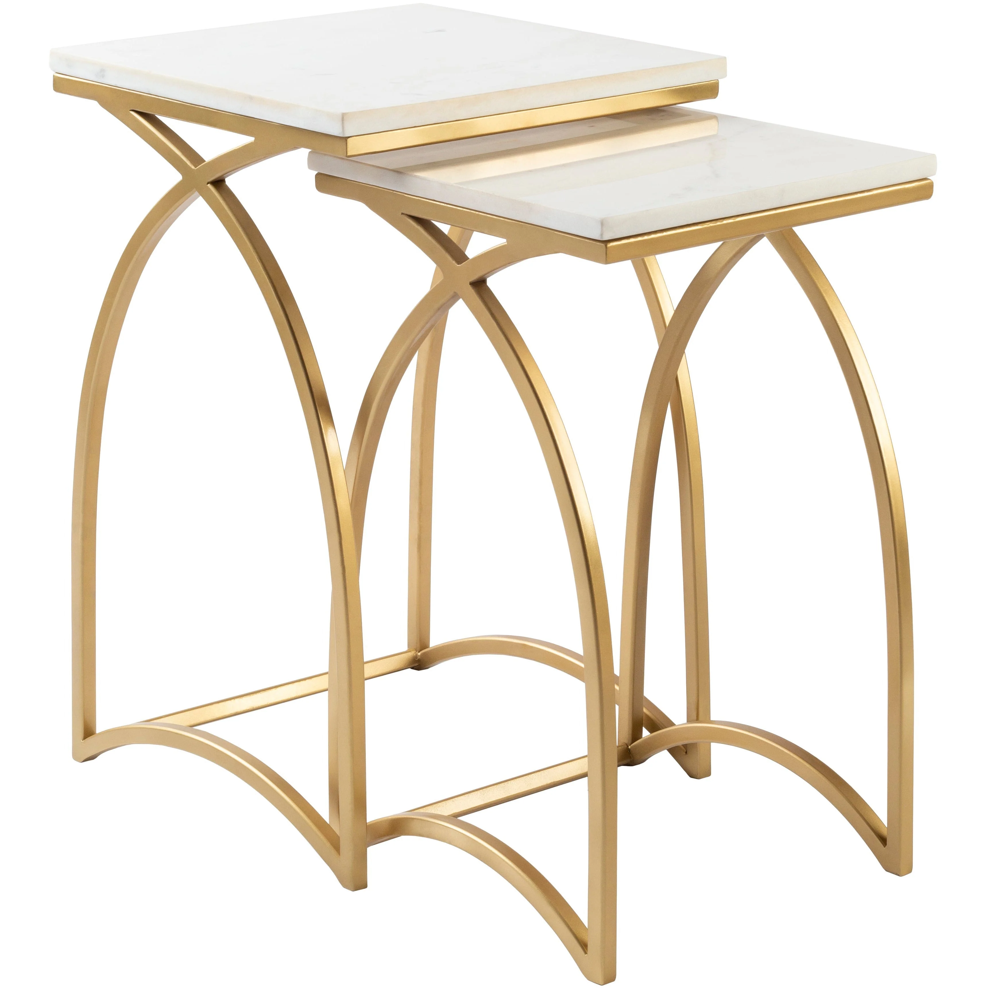 Surya Evana Modern White Marble Top With Gold Metal Base Set Of 2 Nesting Accent Side Tables EAN-001