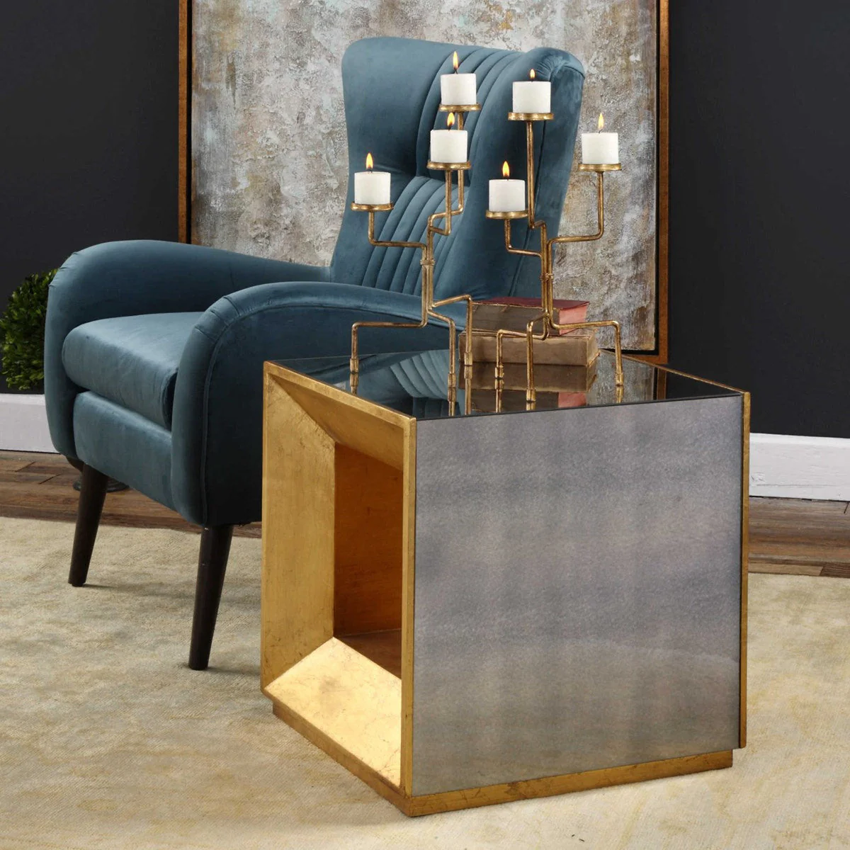 Uttermost Flair Antiqued Mirror With Gold Leaf Modern Cube Table - Image 3