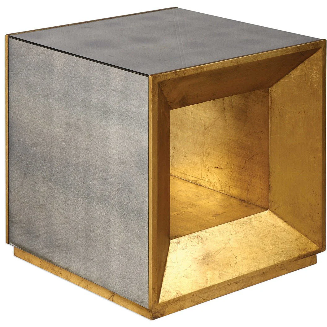 Uttermost Flair Antiqued Mirror With Gold Leaf Modern Cube Table - Image 4