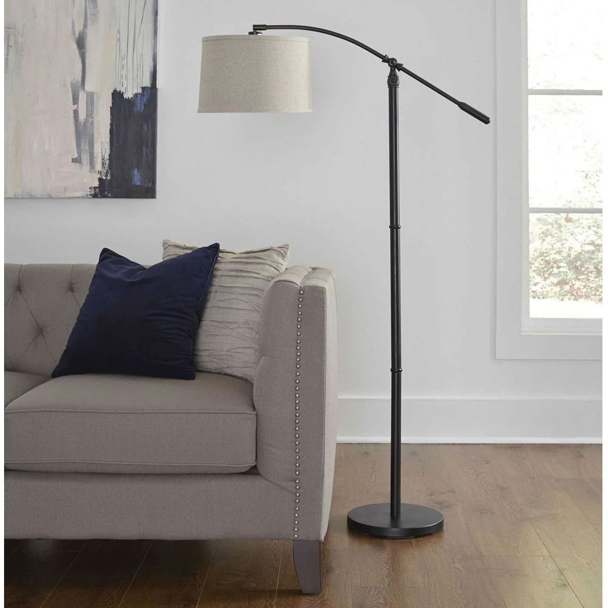 Casa Bella Living Oatmeal Shade With Rubbed Bronze Base Adjustable Modern Arc Floor Lamo